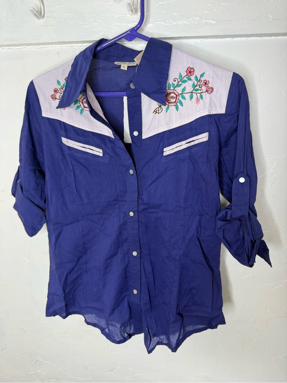 Cotton Daisy Blue Floral Embroidered Western Snap Button Shirt New With Tags L